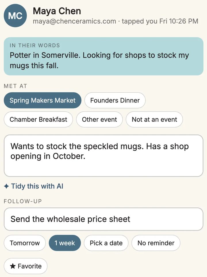The TapLoop app: who someone is, a note about them, and a follow-up reminder